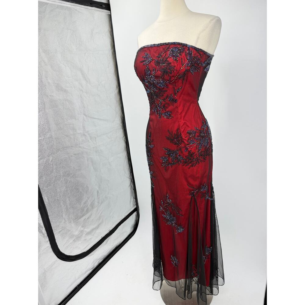 Vintage Cache Strapless Beaded Burgundy Black Evening Gown Mesh Dress Whimsygoth - Picture 4 of 16